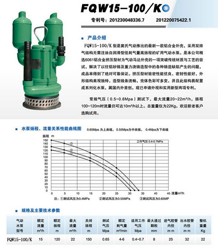 容积叶片式矿用气动污水泵 FQW15-100型